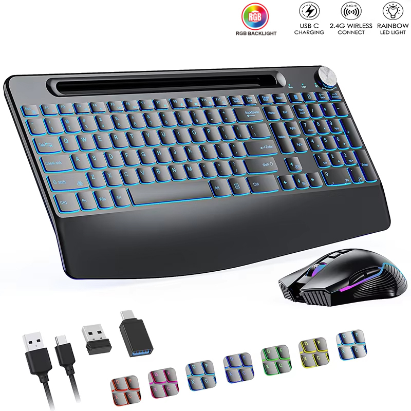 Gaming Keyboard And Mouse Combo - 2.4G&Type-C draadloze toetsenbord-muiscombinatie met polssteun, RGB-achtergrondverlichting,